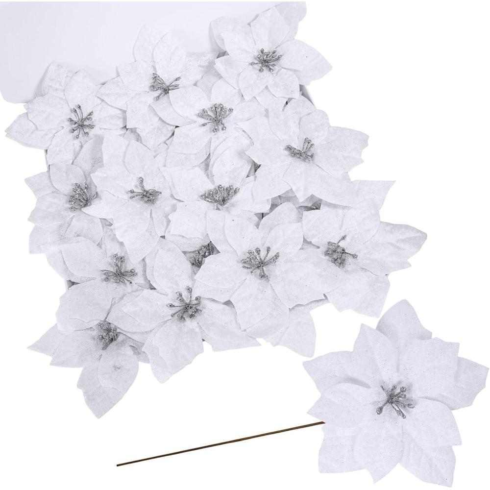 imageWinlyn 24 Set Christmas Glitter Gold Poinsettia Flowers Picks Christmas Tree Ornaments for Gold Christmas Tree Wreaths Garland Winter Holiday Seasonal Wedding Decorations White Gift Box IncludedWhite