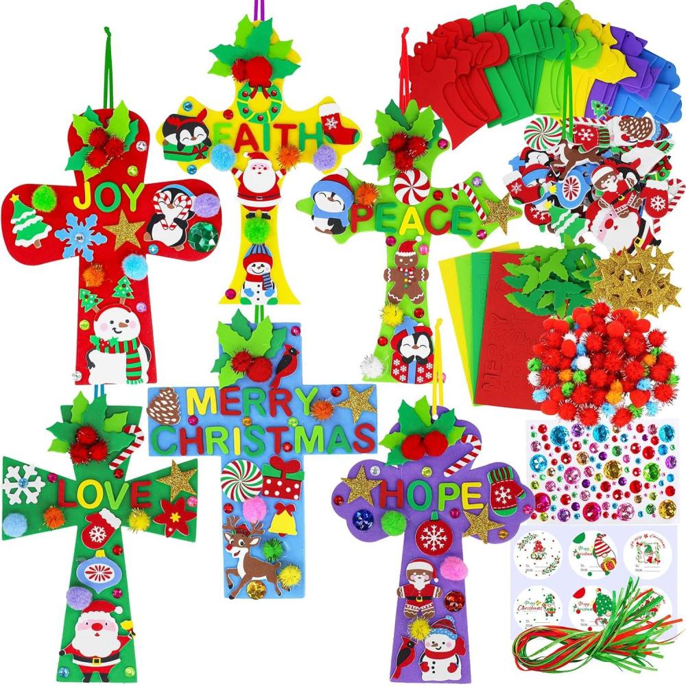 imageWinlyn 24 Sets Christmas Craft Kits DIY Christmas Cross Ornaments Decorations Art Sets Snowman Snowflake Christmas Foam Stickers Arts and Crafts for Kids Party Classroom Sunday School VBS Activities