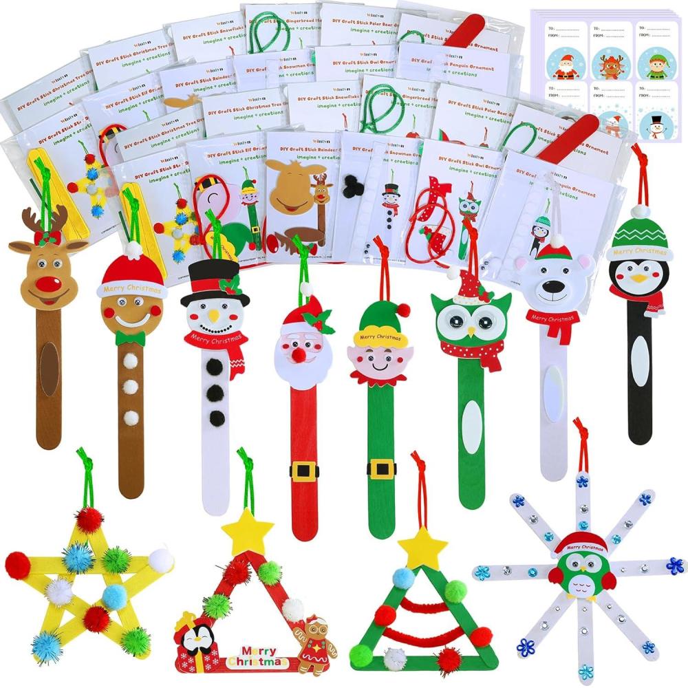 imageWinlyn 24 Sets Christmas Craft Kits Popsicle Stick Christmas Ornaments Winter Crafts DIY Craft Stick Santa Snowman Elf Reindeer Ornaments Art Sets for Kids Holiday Classroom Activities Party Favors