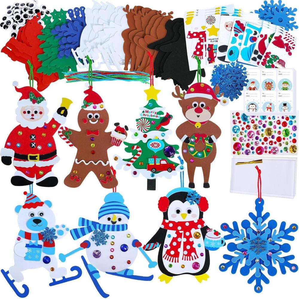 imageWinlyn 24 Sets Christmas Craft Kits Winter Crafts DIY Christmas Ornaments Decorations Art Sets Foam Santa Reindeer Snowman Christmas Stickers for Kids Holiday Season Classroom Activities Party Favors