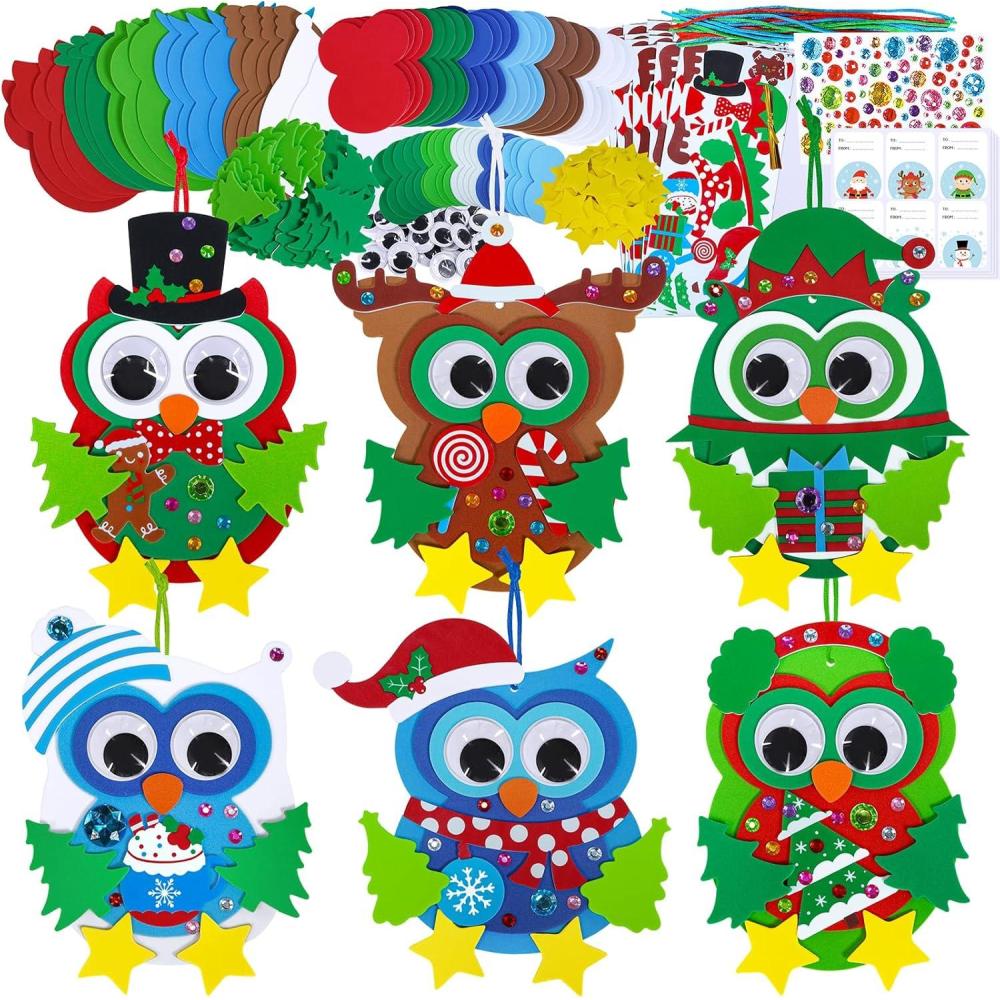 imageWinlyn 24 Sets Christmas Craft Kits Winter Crafts DIY Christmas Owl Ornaments Decorations Art Sets Foam Owl Christmas Tree Holiday Stickers for Kids Festival Home Classroom Activities Party Favors