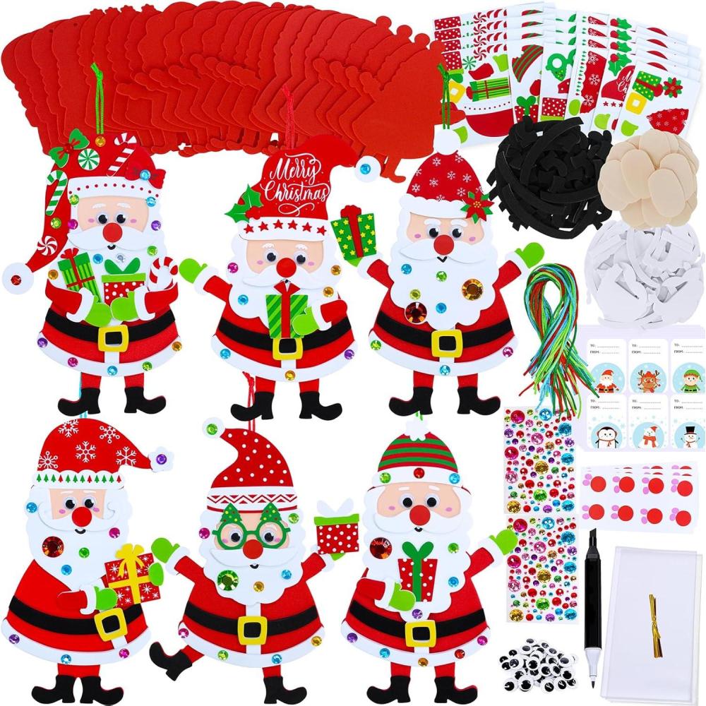 imageWinlyn 24 Sets Christmas Craft Kits Winter Crafts DIY Christmas Santa Ornaments Decorations Arts Sets Foam Santa Christmas Stickers for Kids Holiday Festive Home Classroom Activities Party Favors
