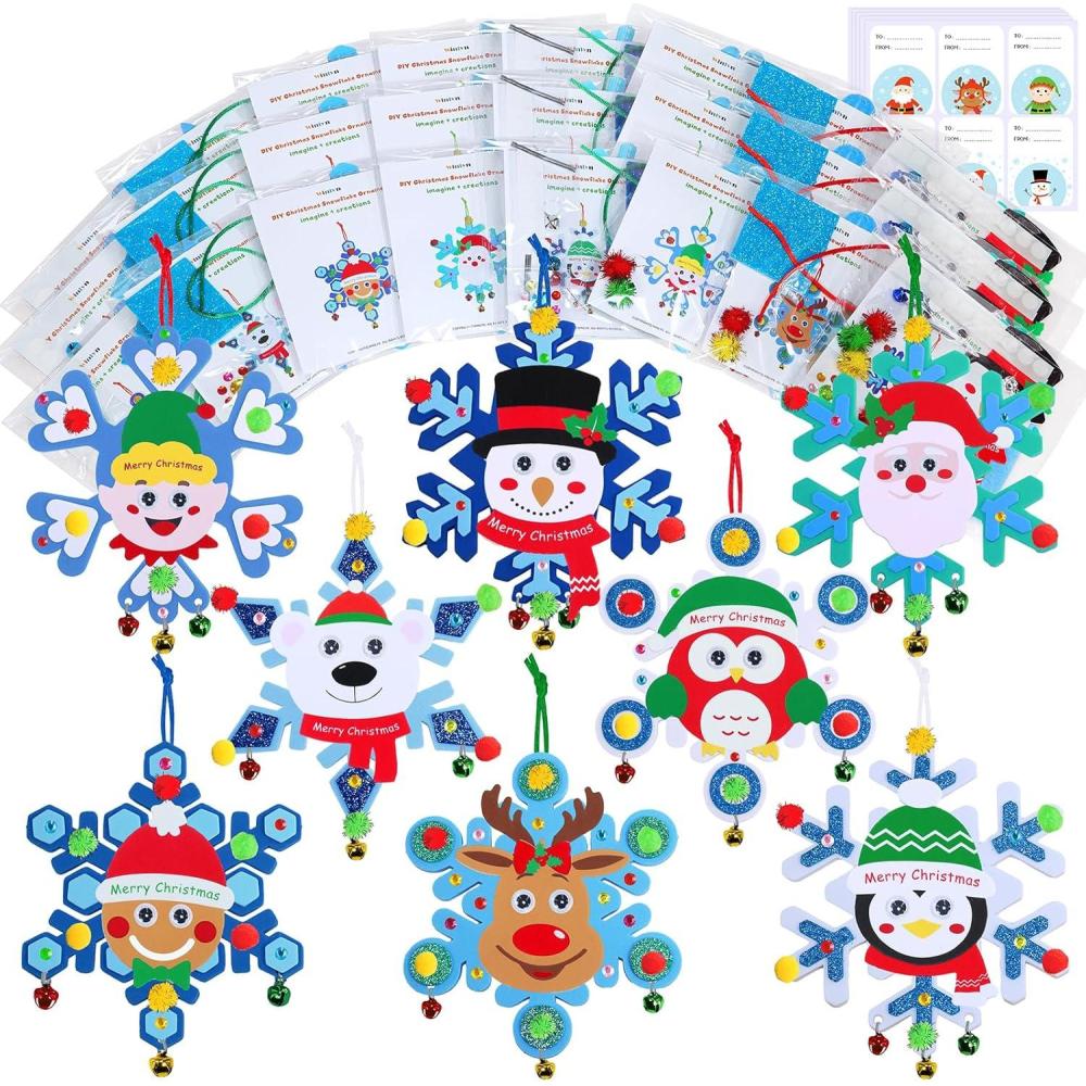 imageWinlyn 24 Sets Christmas Craft Kits Winter Crafts DIY Christmas Snowflake Ornaments Decorations Art Sets Snowman Elf Santa Christmas Foam Stickers for Kids Holiday Classroom Activities Party Favors