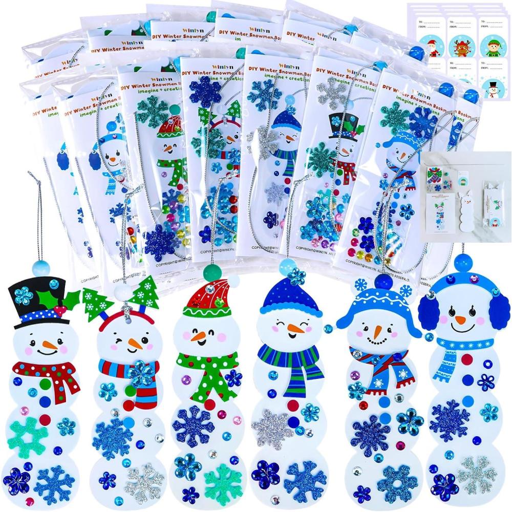 imageWinlyn 24 Sets Christmas Craft Kits Winter Crafts DIY Christmas Snowman Bookmarks Ornaments Art Sets Snowman Christmas Foam Stickers Arts and Crafts for Kids Holiday Classroom Activities Party Favors
