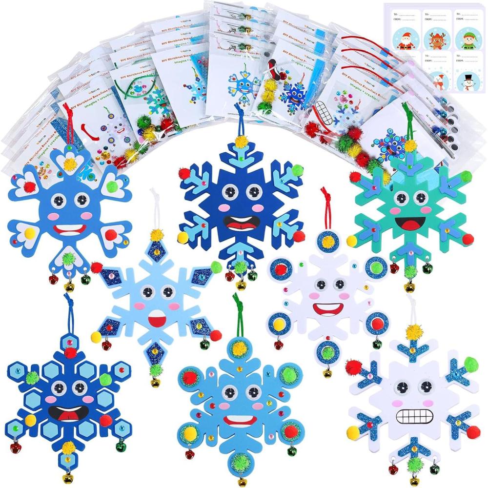imageWinlyn 24 Sets Christmas Craft Kits Winter Crafts DIY Snowflake Ornaments Decorations Art Sets Foam Snowflakes Smile Stickers Jingel Bells for Kids Holiday Home Classroom Activities Party Favors