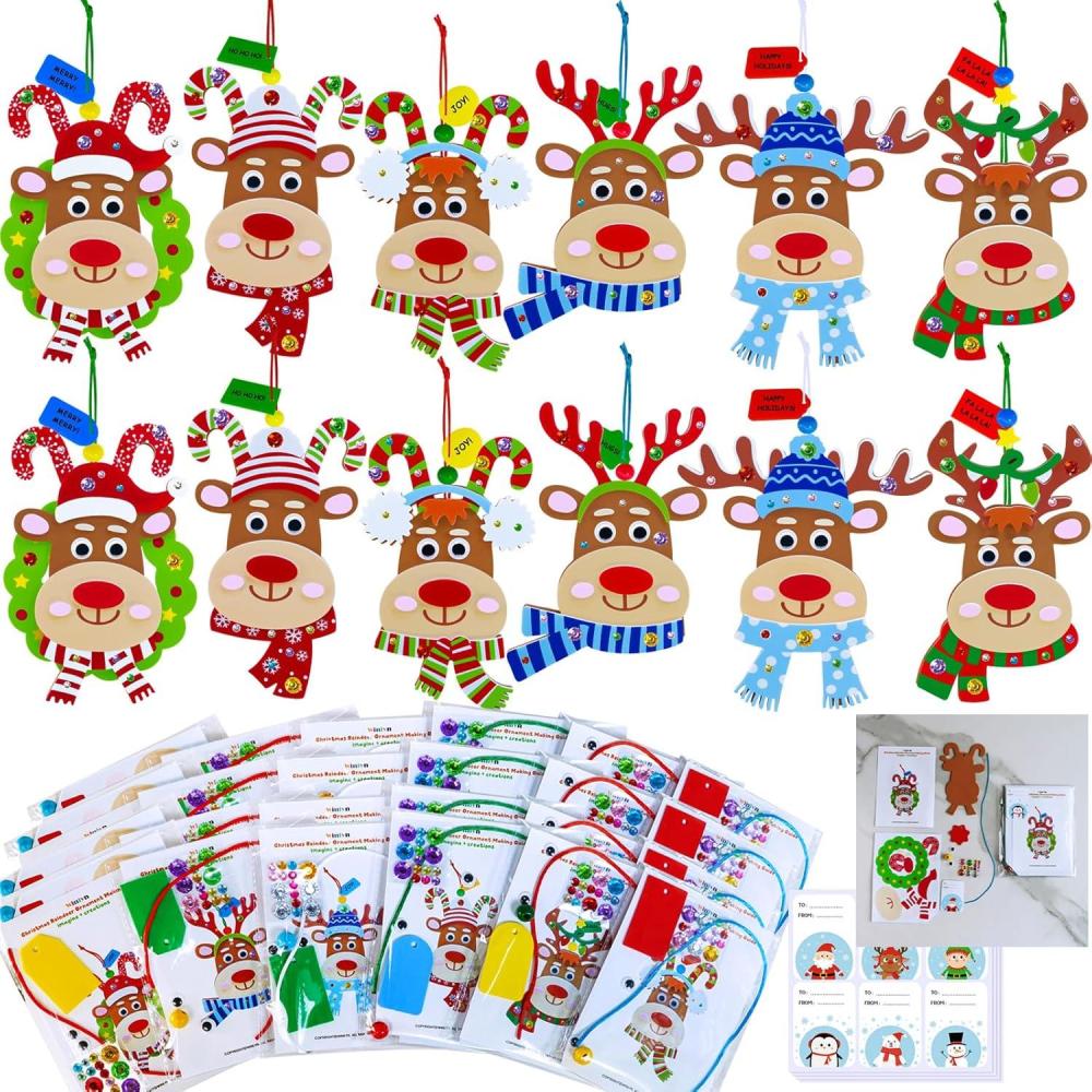 imageWinlyn 24 Sets Christmas Craft Kits Winter Crafts DIY Xmas Reindeer Head Ornaments Decorations Festive Foam Stickers Christmas Arts and Crafts for Kids Holiday Home Classroom Activities Party Favors