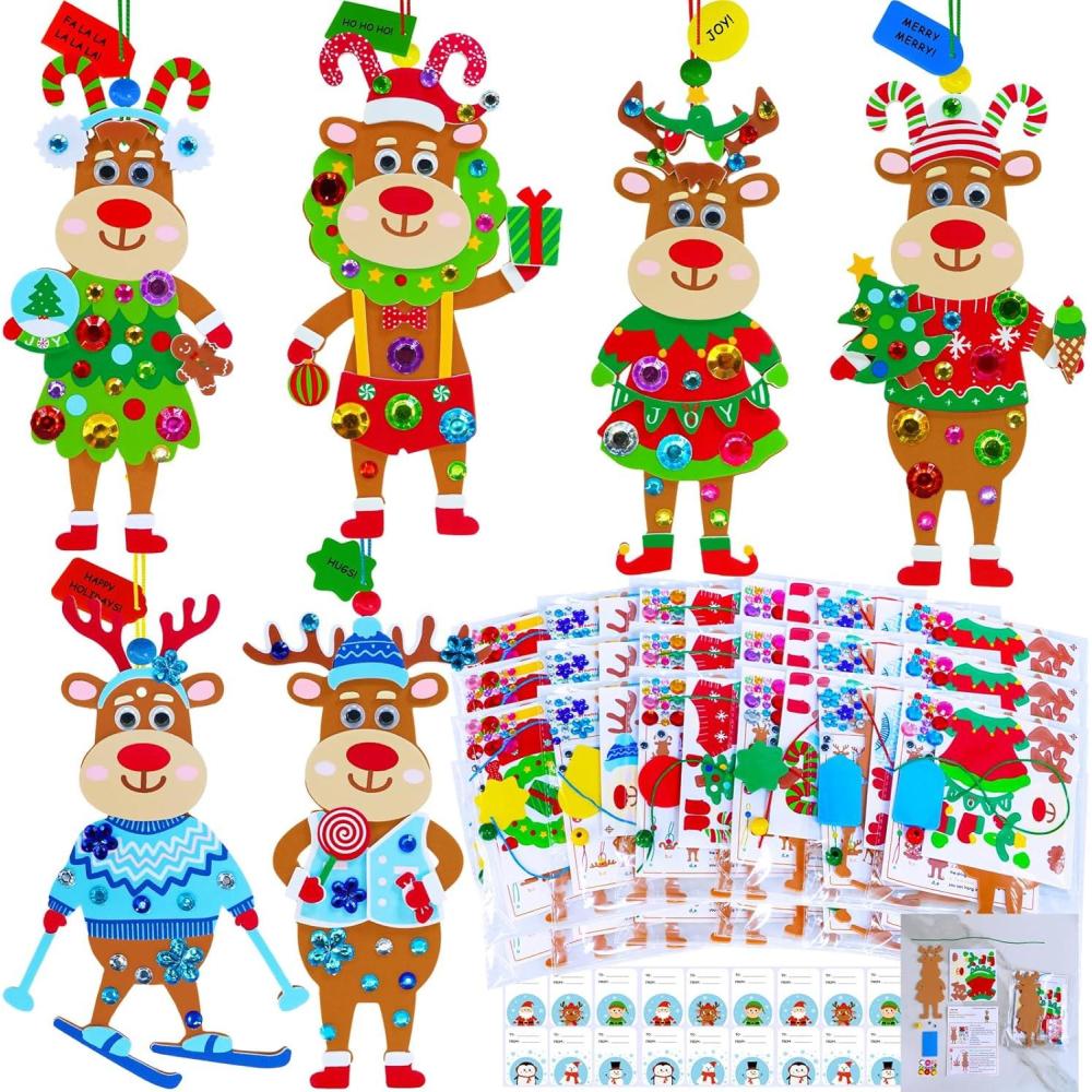 imageWinlyn 24 Sets Christmas Craft Kits Winter Crafts DIY Xmas Reindeer Ornaments Decorations Festive Foam Stickers Christmas Arts and Crafts for Kids Holiday Party Favors Home Classroom Art Activities