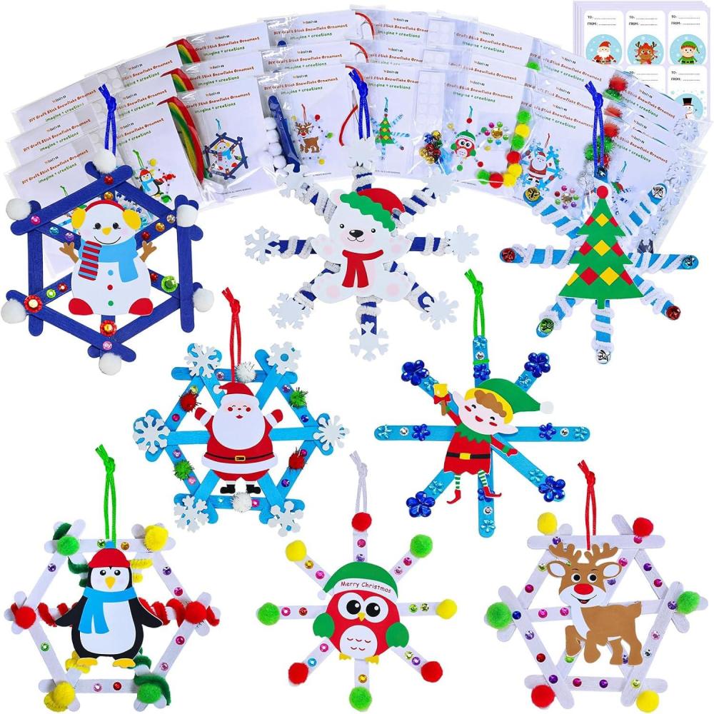 imageWinlyn 24 Sets Christmas Craft Kits Winter Crafts Popsicle Stick Snowflake Ornaments Decorations Art Sets Craft Stick Snowflake Christmas Stickers for Kids Holiday Classroom Activities Party Favors