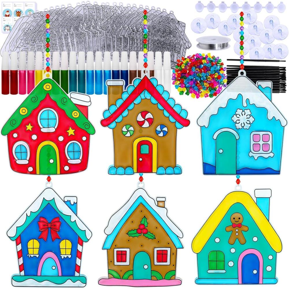 imageWinlyn 24 Sets Christmas Gingerbread House Suncatchers Ornaments Decorations DIY Window Paint Art Suncatchers Winter Crafts Painting Kits for Kids Classroom Activities Art Project Party Favors