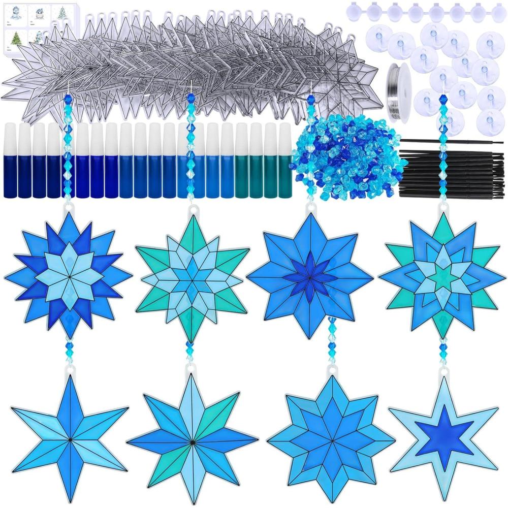 imageWinlyn 24 Sets Christmas Snowflake Suncatchers Ornaments Decorations DIY Window Paint Art Suncatchers Winter Crafts Painting Kits for Kids Classroom Activities Art Project Party Favors