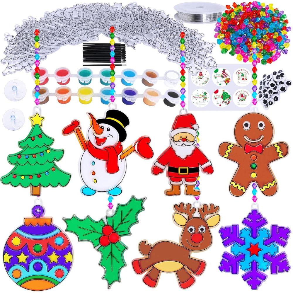 imageWinlyn 24 Sets Christmas Suncatchers Ornaments Decorations DIY Window Paint Art Suncatchers Christmas Craft Kits Santa Snowman Snowflake Reindeer Sun Catchers for Kids Classroom Activities Art Project