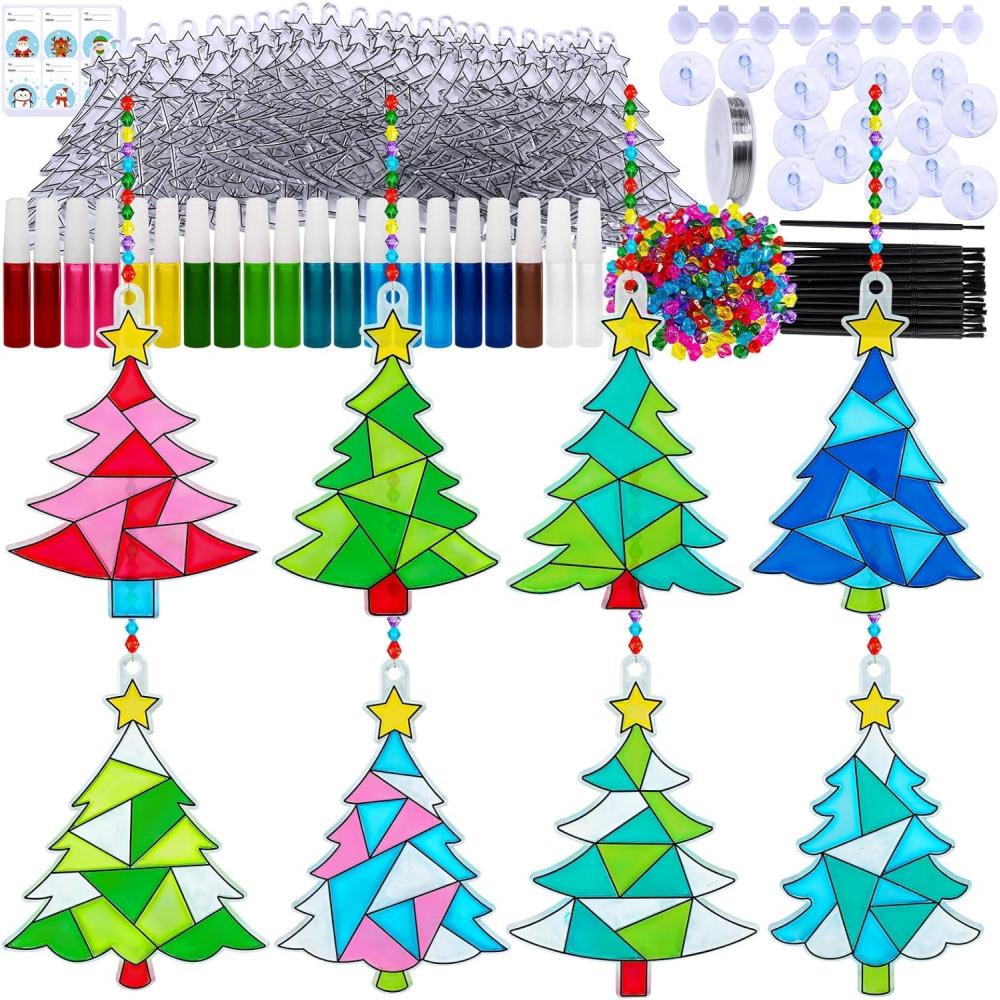 imageWinlyn 24 Sets Christmas Tree Suncatchers Ornaments Decorations DIY Window Paint Art Suncatchers Winter Crafts Painting Kits for Kids Classroom Activities Art Project Party Favors