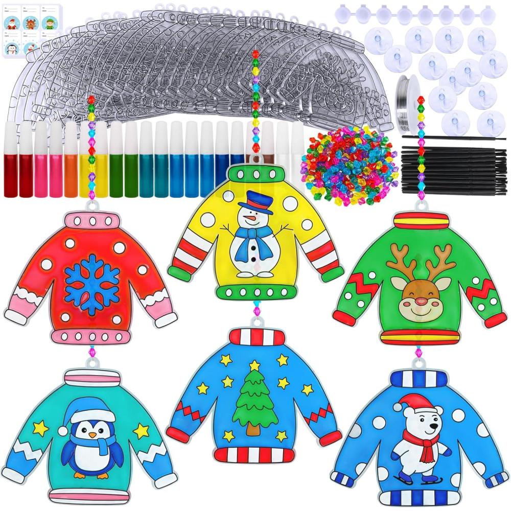 imageWinlyn 24 Sets Christmas Ugly Sweater Suncatchers Ornaments Decorations DIY Window Paint Art Suncatchers Winter Crafts Painting Kits for Kids Classroom Activities Art Project Party Favors
