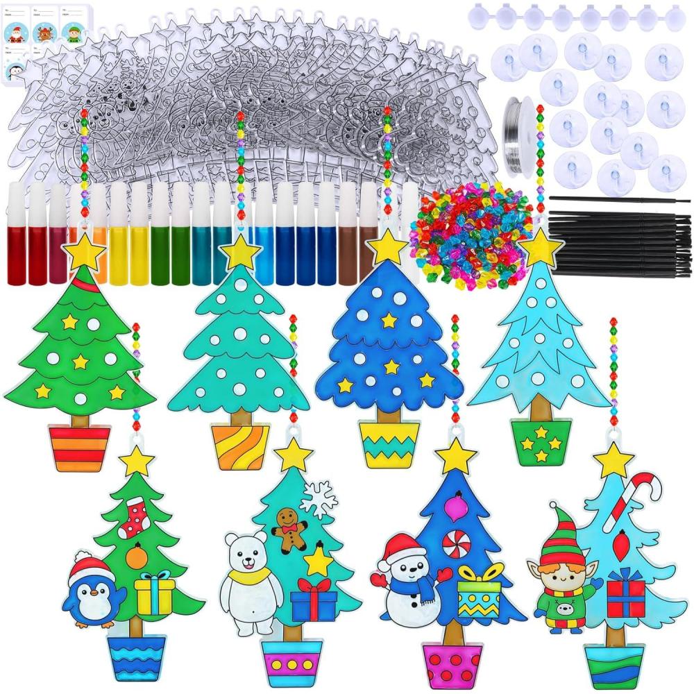 imageWinlyn 24 Sets Potted Christmas Tree Suncatchers Ornaments Decorations DIY Window Paint Art Suncatchers Winter Crafts Painting Kits for Kids Classroom Activities Art Project Party Favors