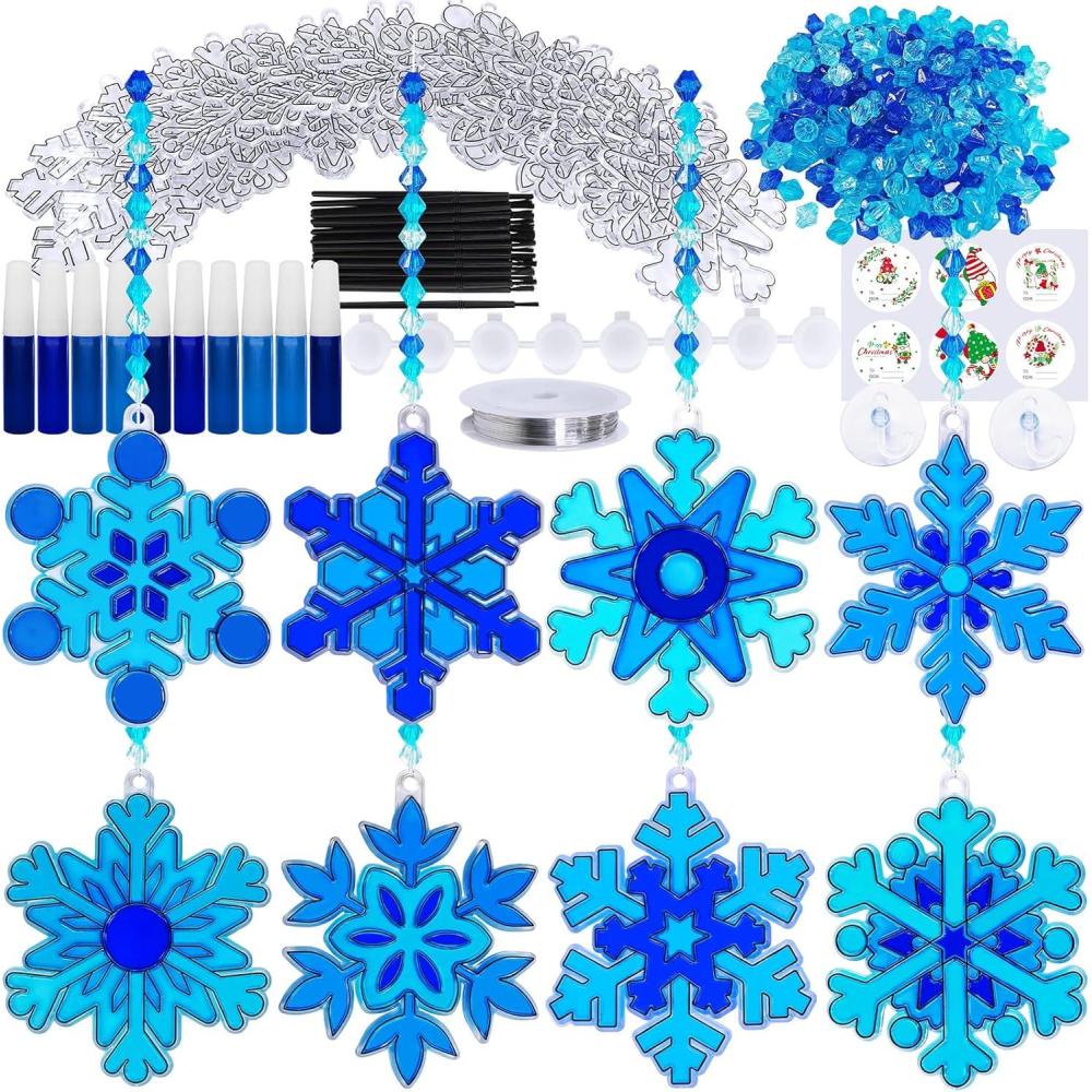 imageWinlyn 24 Sets Snowflake Suncatchers Ornaments Decorations DIY Window Paint Art Suncatchers Christmas Craft Kits Hanging Snowflake Sun Catchers for Kids Christmas Winter Home Classroom Party Activity