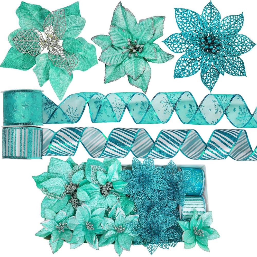 imageWinlyn 26 Set 3 Style Christmas Teal Glitter Poinsettia Flowers Picks Xmas Tree Ornaments and 2 Rolls 20 Yards Decorative Teal Glitter Wired Ribbon for Teal Christmas Tree Wreath GarlandTeal