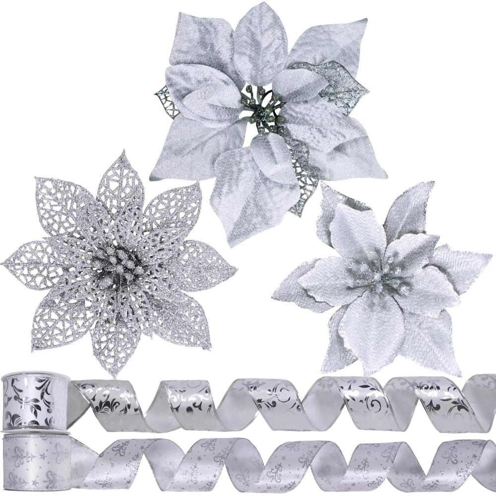 imageWinlyn 26 Set 3 Style Christmas Teal Glitter Poinsettia Flowers Picks Xmas Tree Ornaments and 2 Rolls 20 Yards Decorative Teal Glitter Wired Ribbon for Teal Christmas Tree Wreath GarlandSilver