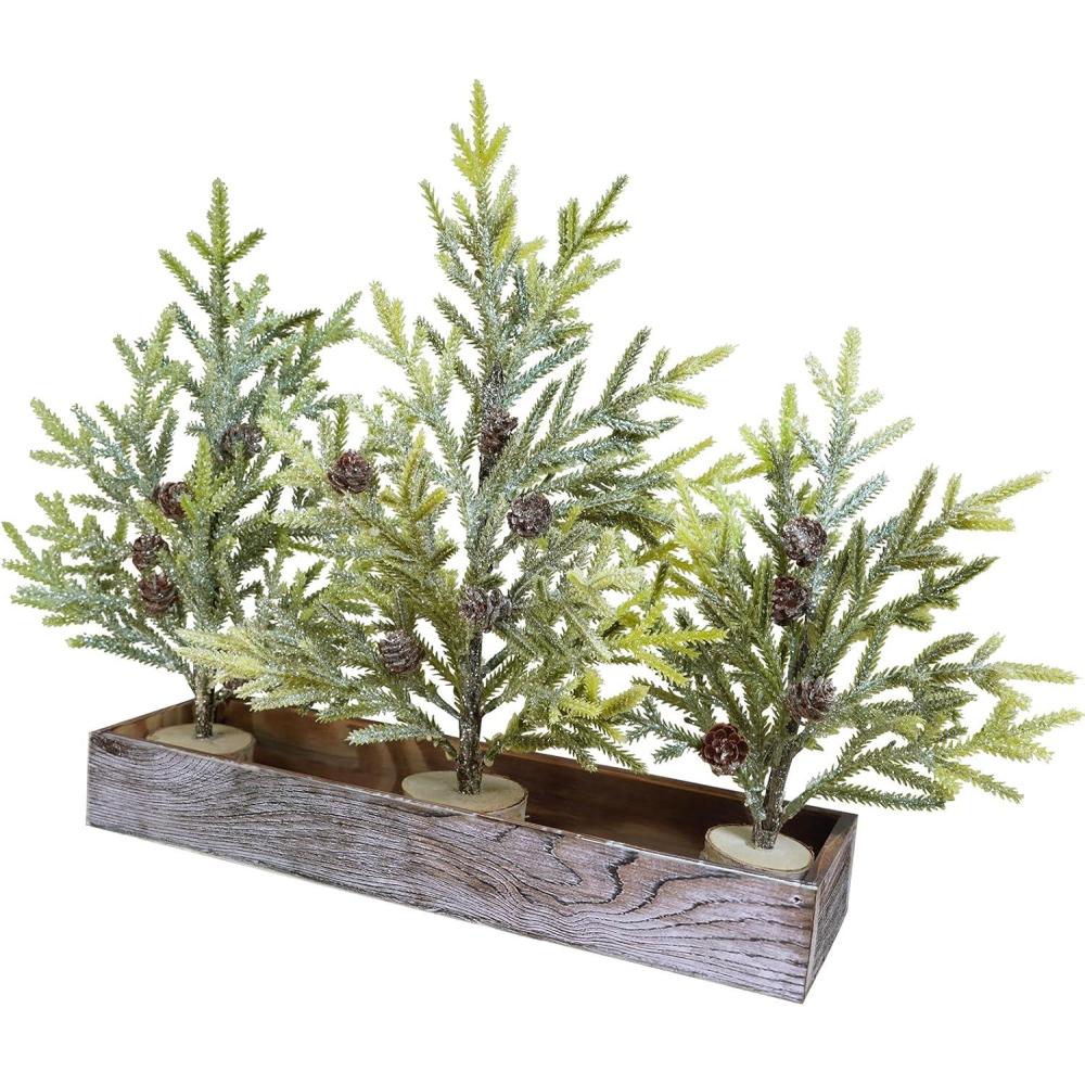 imageWinlyn 3 Pack Mini Frosted Artificial Pine Trees with Pinecones and Wood Bases Small Christmas Tabletop Trees in Rustic Wooden Planter for Farmhouse Christmas Holiday Decorations Table Centerpiece