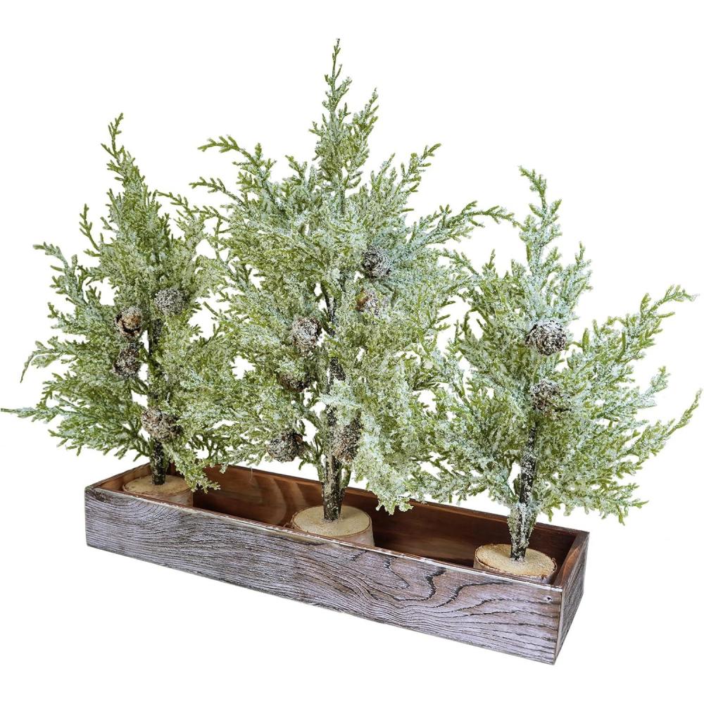 imageWinlyn 3 Pack Snowy Mini Cedar Trees with Pinecones and Wood Bases Artificial Small Christmas Tabletop Trees and Rustic Wood Planter for Winter Holiday Christmas Mantel Farmhouse Table Centerpiece