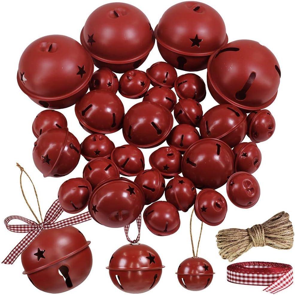 imageWinlyn 30 Pcs Burgundy Jingle Bells with Star Cutouts Christmas Metal Sleigh Bells Rustic Craft Bells for Christmas Tree Wreath Garland Ornaments Holiday DIY Decorations Assorted Sizes 16quot 24quot 35quot