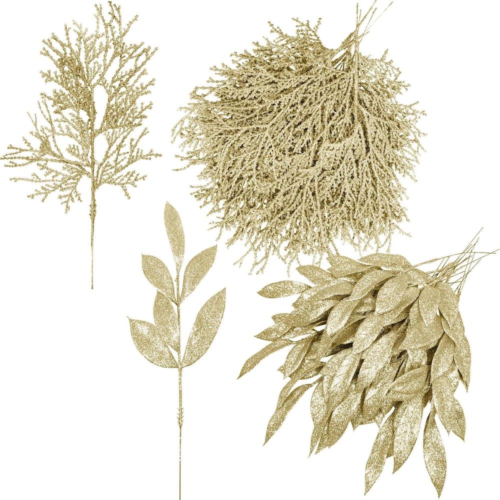 imageWinlyn 30 Pcs Christmas Teal Blue Glittered Artificial Leaf Sprays Cedar Picks Christmas Tree Ornaments Winter Floral Stems for Teal Blue Christmas Tree Wreath Centerpiece Holiday Wedding DecorationsChampagne