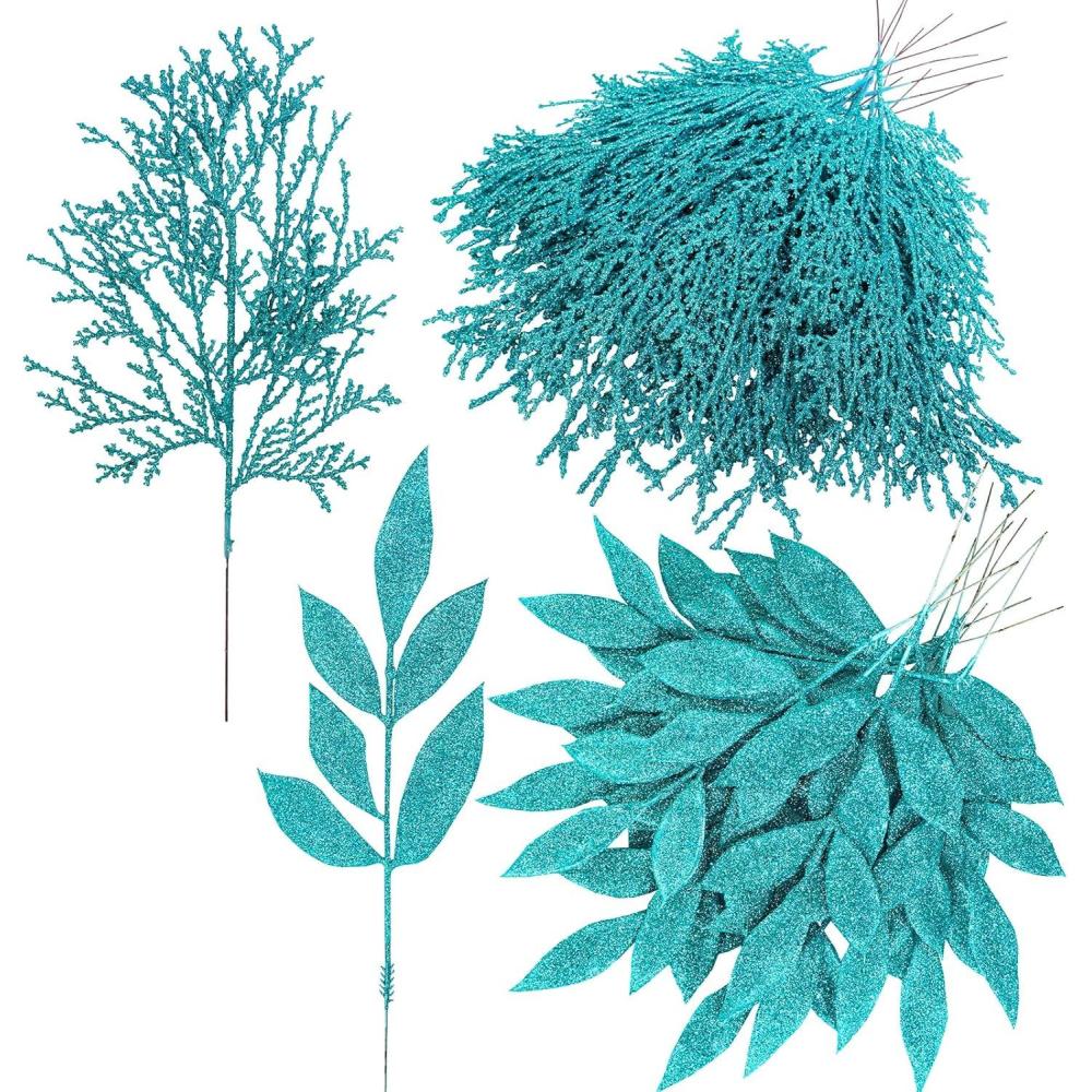 imageWinlyn 30 Pcs Christmas Teal Blue Glittered Artificial Leaf Sprays Cedar Picks Christmas Tree Ornaments Winter Floral Stems for Teal Blue Christmas Tree Wreath Centerpiece Holiday Wedding DecorationsTeal
