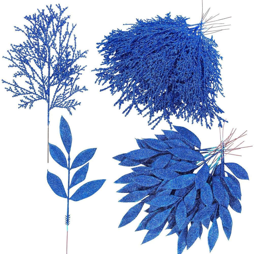 imageWinlyn 30 Pcs Christmas Teal Blue Glittered Artificial Leaf Sprays Cedar Picks Christmas Tree Ornaments Winter Floral Stems for Teal Blue Christmas Tree Wreath Centerpiece Holiday Wedding DecorationsBlue