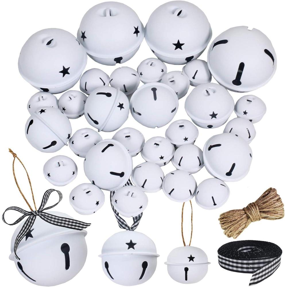 imageWinlyn 30 Pcs White Jingle Bells with Star Cutouts Christmas Metal Sleigh Bells Rustic Craft Bells for Christmas Tree Wreath Garland Ornaments Holiday DIY Decorations Assorted Sizes 16quot 24quot 35quot