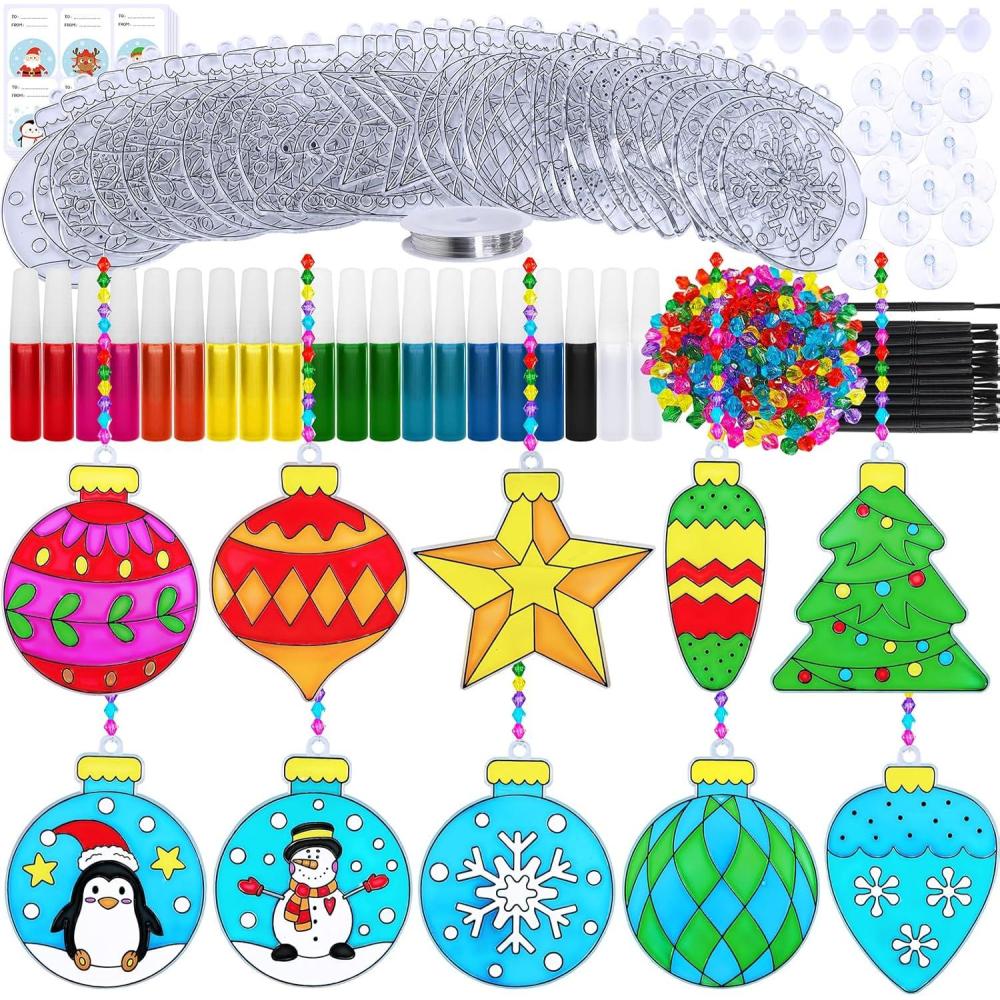 imageWinlyn 30 Sets Christmas Bauble Suncatcher Ornaments DIY Window Paint Art Suncatchers Craft Kits Winter Christmas Ball Sun Catchers for Kids Holiday Classroom Party Decorations Art Project
