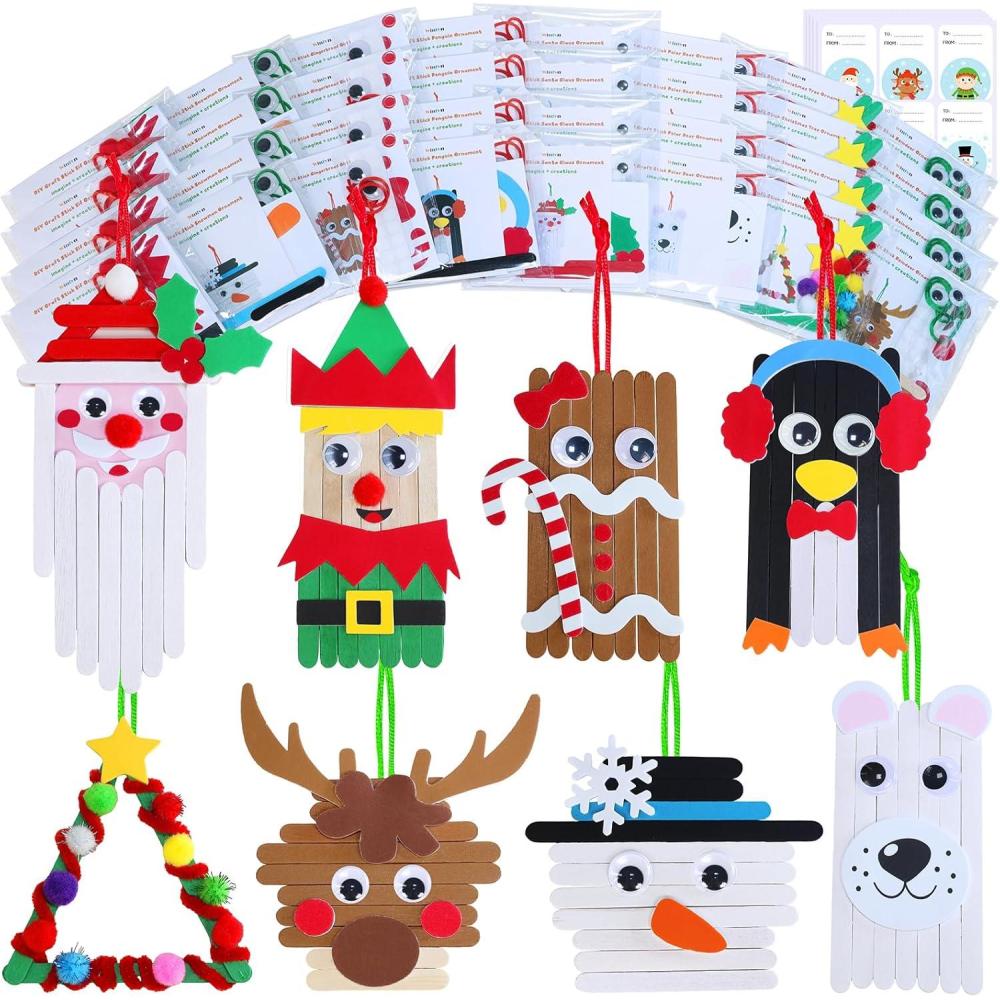 imageWinlyn 32 Sets Christmas Craft Kits Winter Crafts DIY Popsicle Stick Christmas Ornaments Decorations Art Sets Craft Sticks Christmas Foam Stickers for Kids Holiday Classroom Activities Party Favors