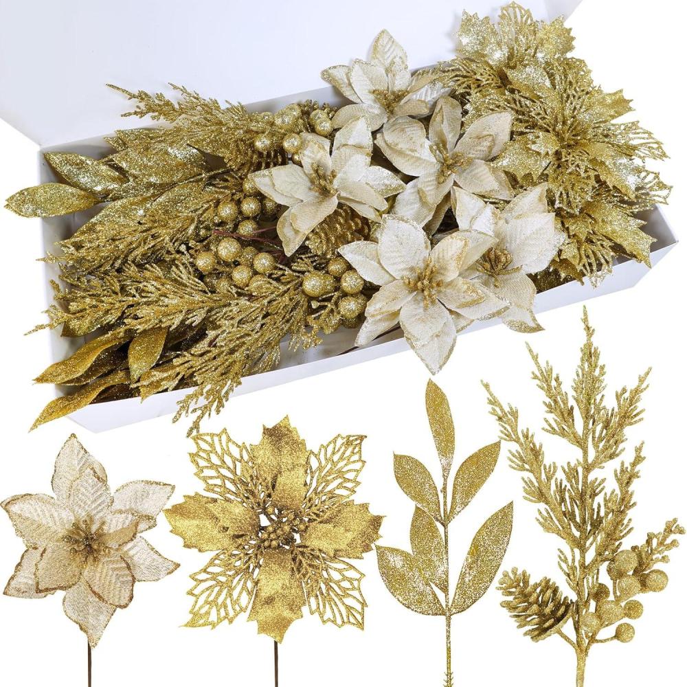 imageWinlyn 35 Pcs Christmas Artificial Poinsettia Flowers Picks and Artificial Leaves Sprays Teal Glitter Christmas Floral Picks for Teal Christmas Tree Holiday Decorations Centerpiece Wreath DIY CraftsGold