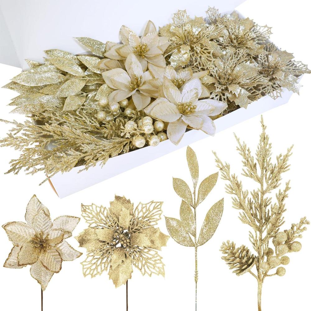 imageWinlyn 35 Pcs Christmas Artificial Poinsettia Flowers Picks and Artificial Leaves Sprays Teal Glitter Christmas Floral Picks for Teal Christmas Tree Holiday Decorations Centerpiece Wreath DIY CraftsChampagne