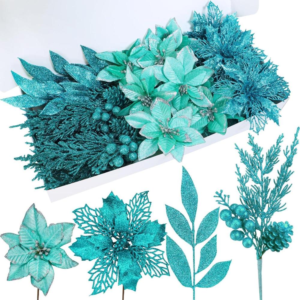 imageWinlyn 35 Pcs Christmas Artificial Poinsettia Flowers Picks and Artificial Leaves Sprays Teal Glitter Christmas Floral Picks for Teal Christmas Tree Holiday Decorations Centerpiece Wreath DIY CraftsTeal