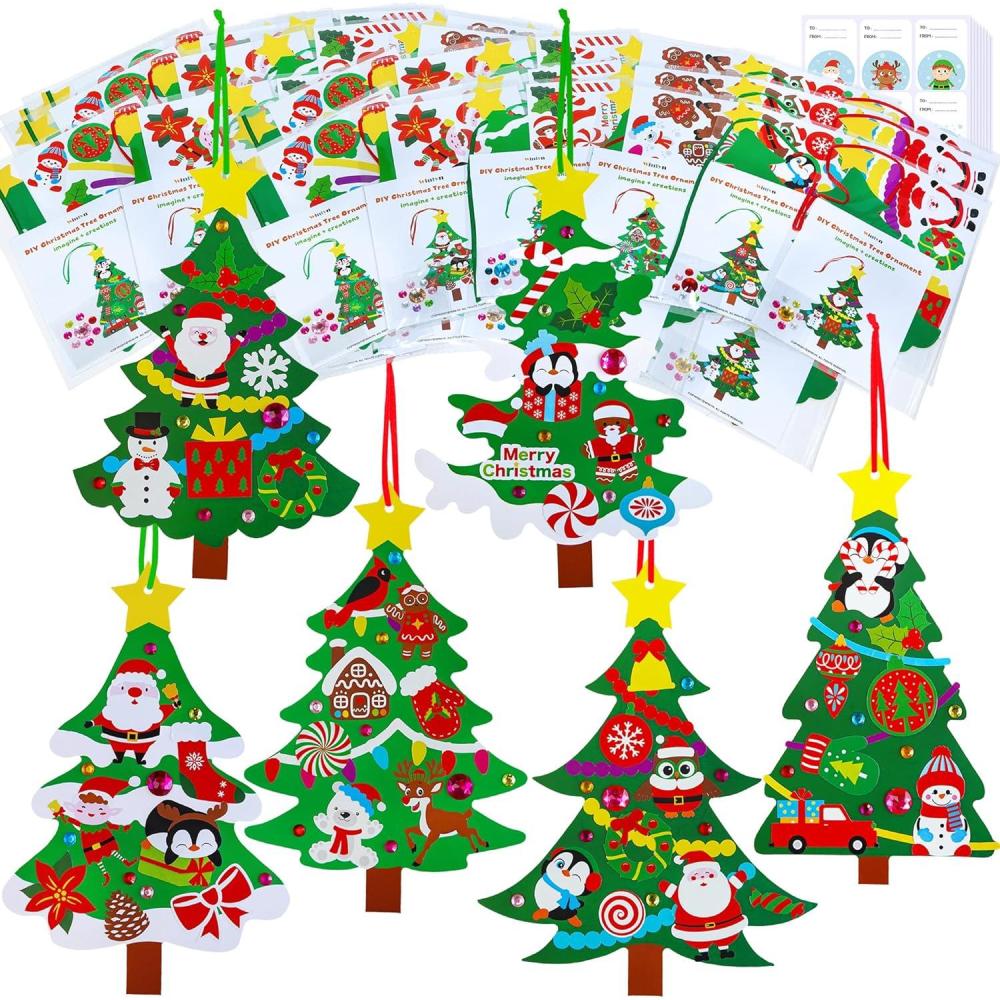 imageWinlyn 48 Sets Christmas Tree Ornaments Decorations Art Sets DIY Christmas Craft Kits Winter Crafts Pine Tree Snowman Snowflake Santa Xmas Stickers for Kids Holiday Classroom Activities Party Favors