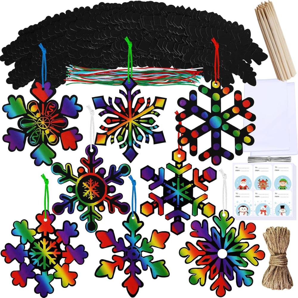 imageWinlyn 56 Sets 8 Styles Magic Color Scratch Snowflake Ornaments Christmas Scratch Art Decorations Christmas Craft Kits Winter Crafts for Kids Party Favors Holiday Seasonal Home Classroom Activities