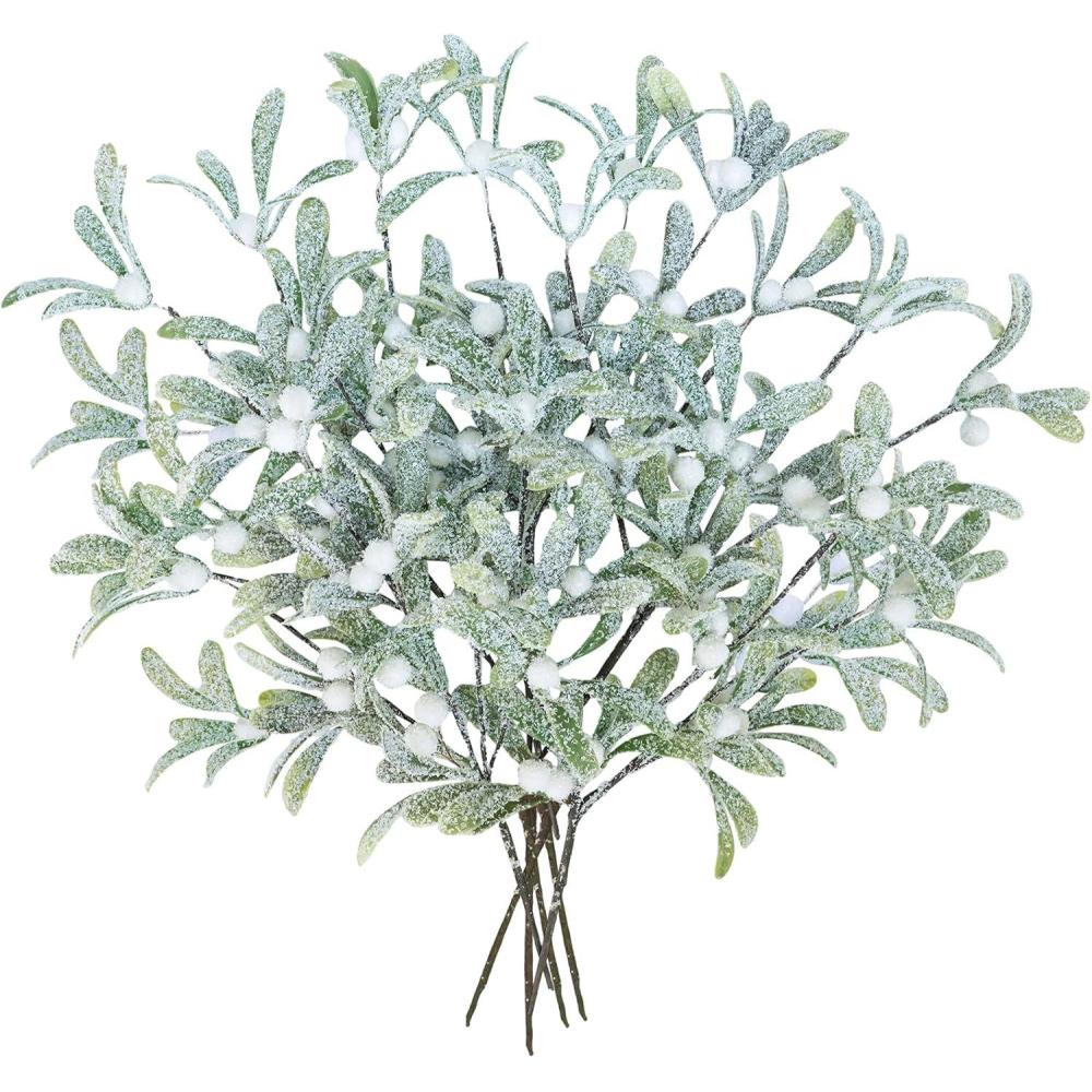 imageWinlyn 6 Pcs Frosted Artificial Mistletoe Spray Christmas Greenery Floral Stems Branches Faux Mistletoe Picks with White Berry 126quot Tall for Winter Christmas Tree Floral Arrangement