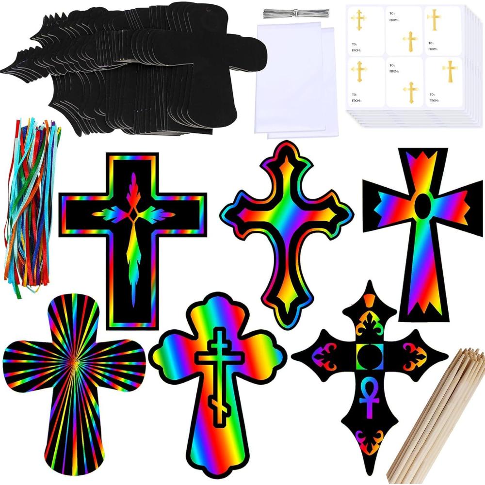 imageWinlyn 72 Sets 6 Styles Magic Color Scratch Cross Ornaments Craft Kits Rainbow Scratch Art Sets Scratch Paper Crosses with Scratching Tools for Kids Classroom VBS Sunday School Religious Activities