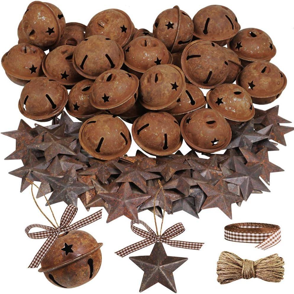 imageWinlyn 80 Pcs Rusty Metal Christmas Sleigh Bells Jingle Bells Rustic Craft Bell 112quot and Dimensional Mini Rusted Metal Barn Stars with Jute Twine Plaid Ribbon for Christmas Tree Holiday Season Decor
