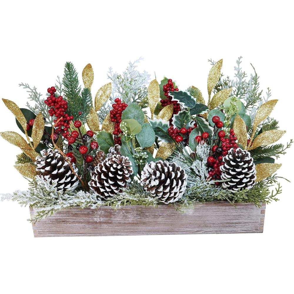 imageWinlyn Bulk Rustic Christmas Floral Picks and Pine Cones in Wooden Box Holiday Table Dcor