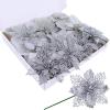 24 Pcs 4 Styles Christmas Gold Metallic Mesh Glitter Artificial Poinsettia Flower Stems Tree Ornaments in Box for Gold Christmas Tree Wreaths Garland Floral Gift Winter Wedding Holiday Decoration(Silver)