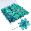 24 Pcs 4 Styles Christmas Gold Metallic Mesh Glitter Artificial Poinsettia Flower Stems Tree Ornaments in Box for Gold Christmas Tree Wreaths Garland Floral Gift Winter Wedding Holiday Decoration(Teal Blue)