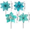 24 Pcs 4 Styles Christmas Gold Metallic Mesh Glitter Artificial Poinsettia Flower Stems Tree Ornaments in Box for Gold Christmas Tree Wreaths Garland Floral Gift Winter Wedding Holiday Decoration(Teal Blue)
