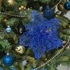 24 Pcs Christmas Blue Glitter Mesh Holly Leaf Artificial Poinsettia Flowers Stems Tree Ornaments 6.6″ W for Blue Christmas Tree Wreath Garland Gift Floral Winter Wedding Holiday Decoration(Blue)
