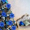 24 Pcs Christmas Silver Glittered Mesh Holly Leaf Artificial Poinsettia Flowers Picks Tree Ornaments 5.9″ W for Silver Christmas Tree Wreath Garland Floral Gift Winter Wedding Holiday Decoration(Blue)