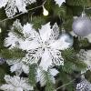 24 Pcs Christmas Silver Glittered Mesh Holly Leaf Artificial Poinsettia Flowers Picks Tree Ornaments 5.9″ W for Silver Christmas Tree Wreath Garland Floral Gift Winter Wedding Holiday Decoration(White)