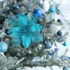 24 Pcs Christmas Silver Glittered Mesh Holly Leaf Artificial Poinsettia Flowers Picks Tree Ornaments 5.9″ W for Silver Christmas Tree Wreath Garland Floral Gift Winter Wedding Holiday Decoration(Teal Blue)
