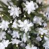 24 Pcs Christmas Silver Glittered Mesh Holly Leaf Artificial Poinsettia Flowers Picks Tree Ornaments 5.9″ W for Silver Christmas Tree Wreath Garland Floral Gift Winter Wedding Holiday Decoration(White)