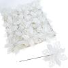 24 Pcs Christmas Silver Glittered Mesh Holly Leaf Artificial Poinsettia Flowers Picks Tree Ornaments 5.9″ W for Silver Christmas Tree Wreath Garland Floral Gift Winter Wedding Holiday Decoration(White)
