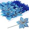 Winlyn 24 Set 3 Styles Christmas Blue Glitter Poinsettia Flowers Picks Christmas Tree Ornaments for Blue Christmas Tree Wreaths Garland Holiday Seasonal Wedding Decorations White Gift Box Included(Blue)