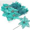 Winlyn 24 Set 3 Styles Christmas Blue Glitter Poinsettia Flowers Picks Christmas Tree Ornaments for Blue Christmas Tree Wreaths Garland Holiday Seasonal Wedding Decorations White Gift Box Included(Teal)